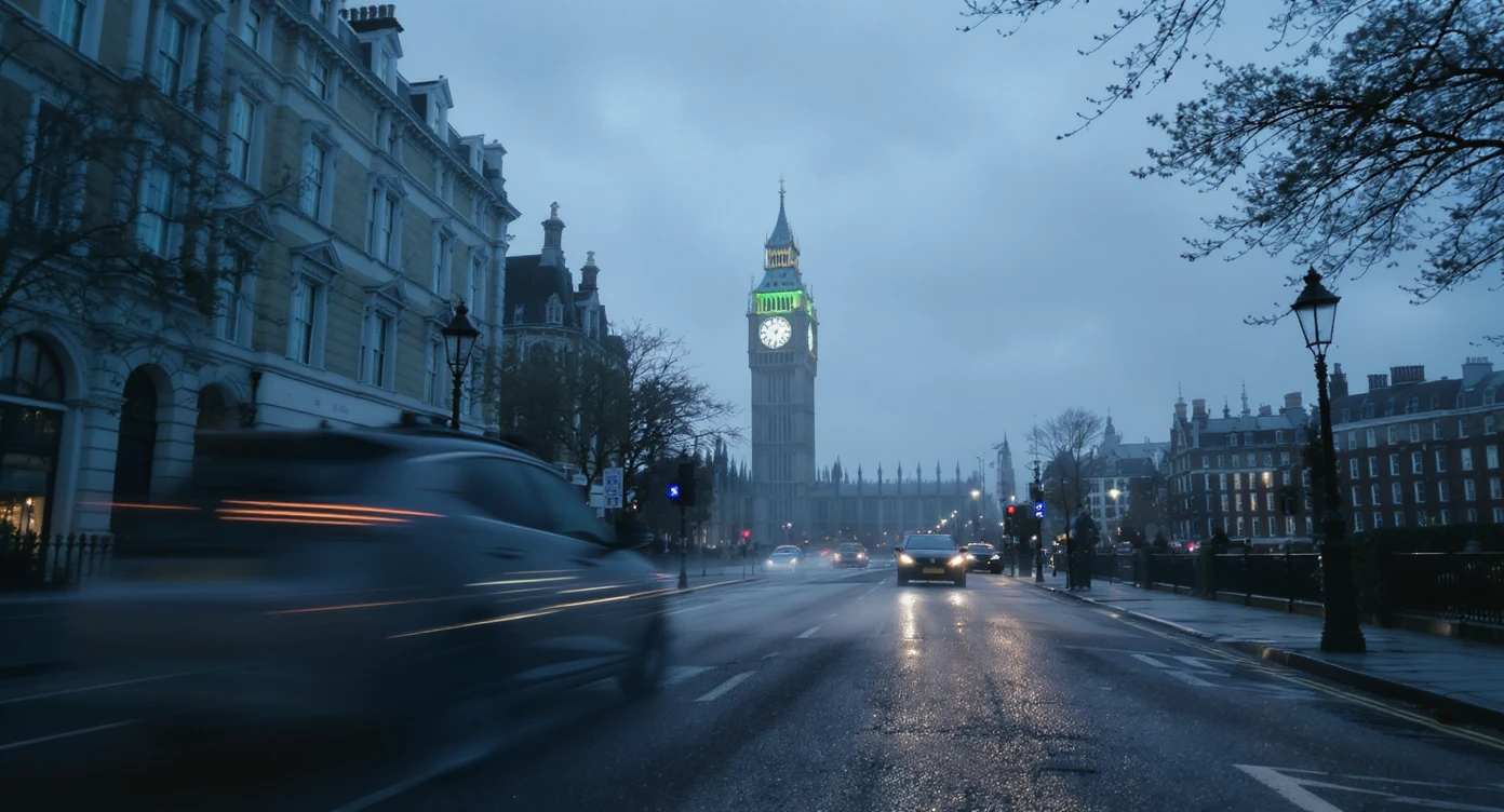 Cinematic shot of a london street, cloudy foggy day, soft light, car flying, leading lines to big ben in distance, multi composition, in foreground blurred car, on second street around UK bulding, od another plan in distance big ben, birds flying, artistic look, captured on arri alexa 35, blue hour emoji