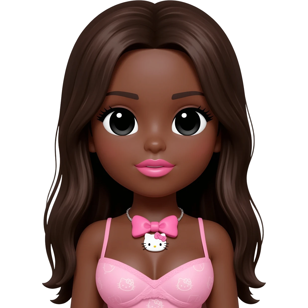 hello kitty necklace, doll eyes, Doll, big chest, dark brown skin, with middle part long dark brunette hair,  black cute eyes, pink bows with cute lips emoji