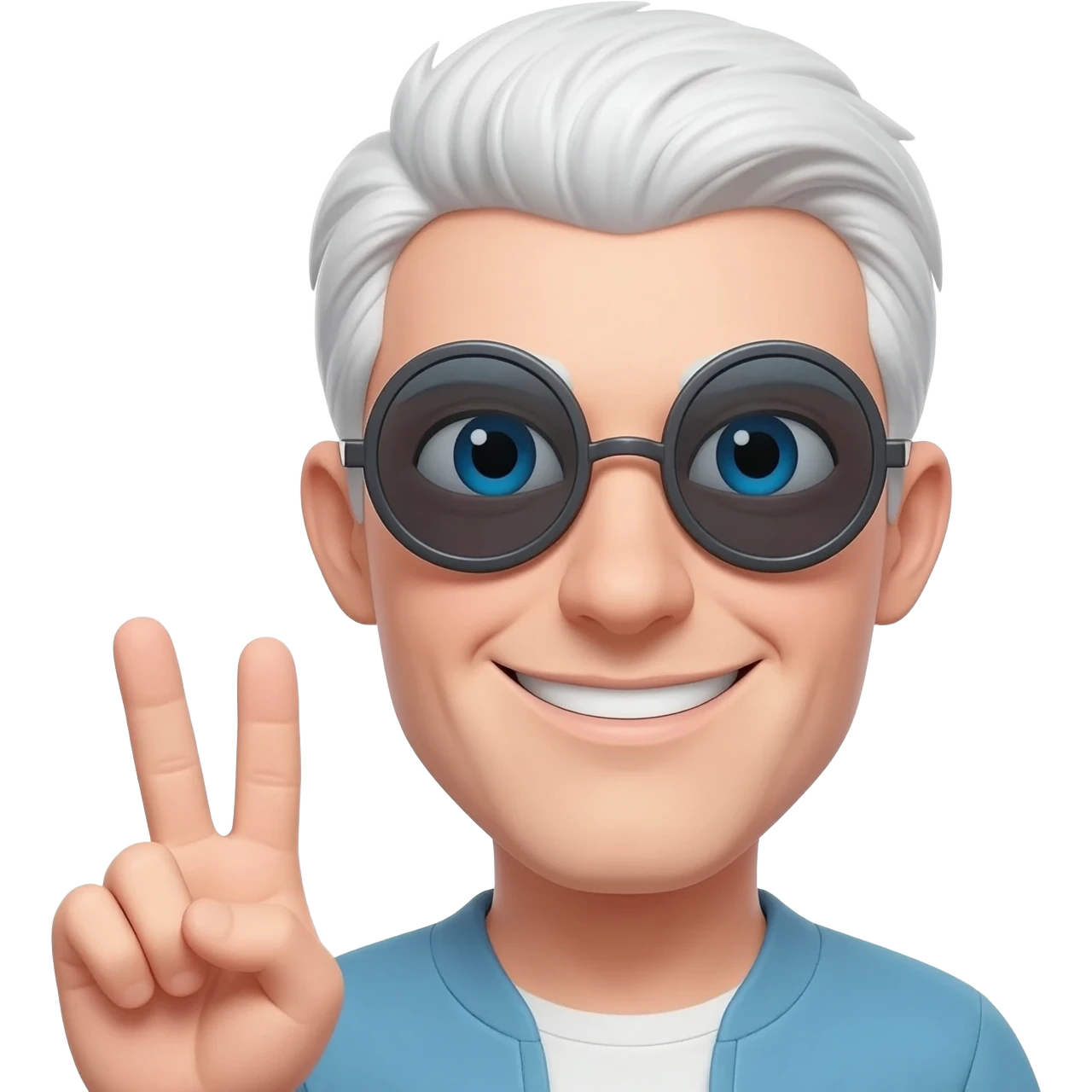 Make a smirking emoji have blue eyes, white hair, circular sunglasses with a hand up in a cross emoji