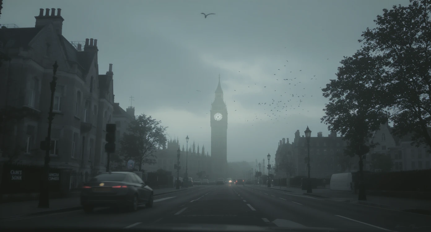 Cinematic shot of a london street, cloudy foggy day, soft light, leading lines to big ben in distance, multi composition, in foreground blurred car, on second street around UK bulding, od another plan in distance big ben, birds flying, artistic look, captured on arri alexa 35, triadal composition emoji