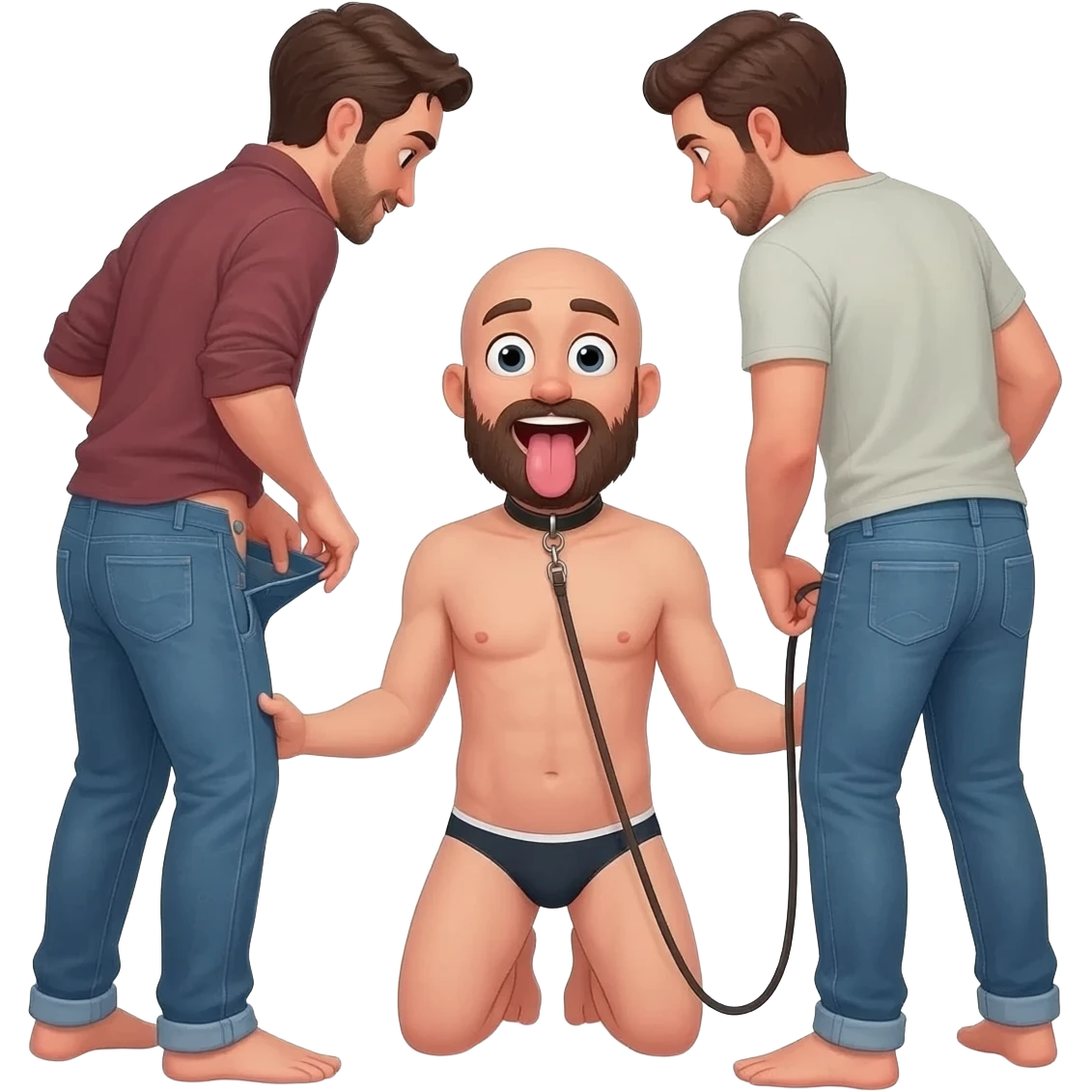 Two men unbuttoning their jeans are surround a bald bearded guy in underwear with mouth wide open and tongue out on his hands and knees wearing a collar and leash held by one man emoji