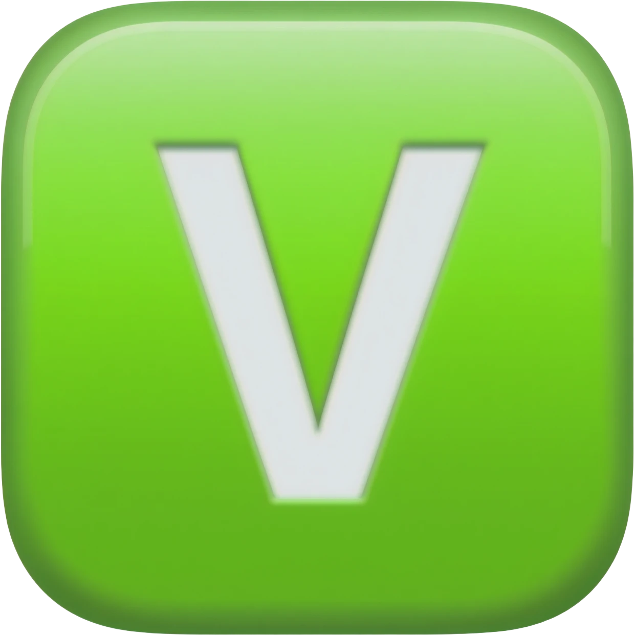 "3D premium,3D rounded-square icon in strong green with a beveled edge, bold serif white letter 'V'centered, strong specular highlights, inner glow, 1024x1024, png" emoji