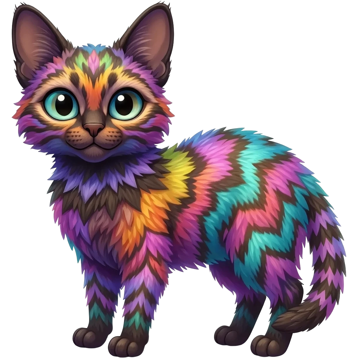 A Colorful iridescent exotic tropical tribal cute happy realistic esoteric patterned fluffy furry dark caracal-Lykoi-bobcat-sphynx-genet-civet-Fakémon-fursona-hybrid-fusion-animal-creature, full body, 4-legged emoji