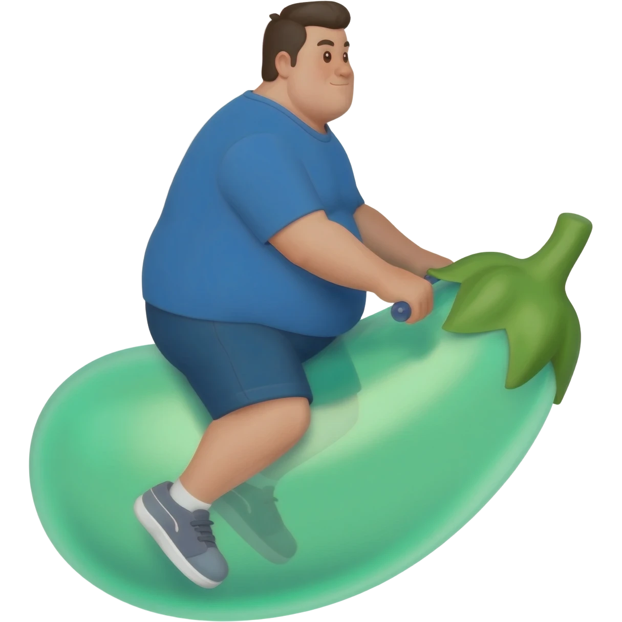 a chubby dark haired guy riding a eggplant emoji