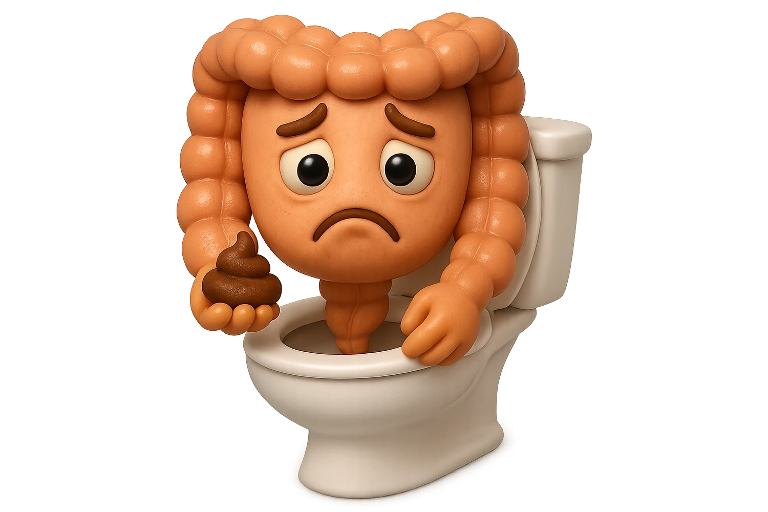 emoji stile iphone di un intestino realistico 3d che esce dal wc con in mano una montagnetta di feci con espressione triste a palline, iperrealistico 4k emoji