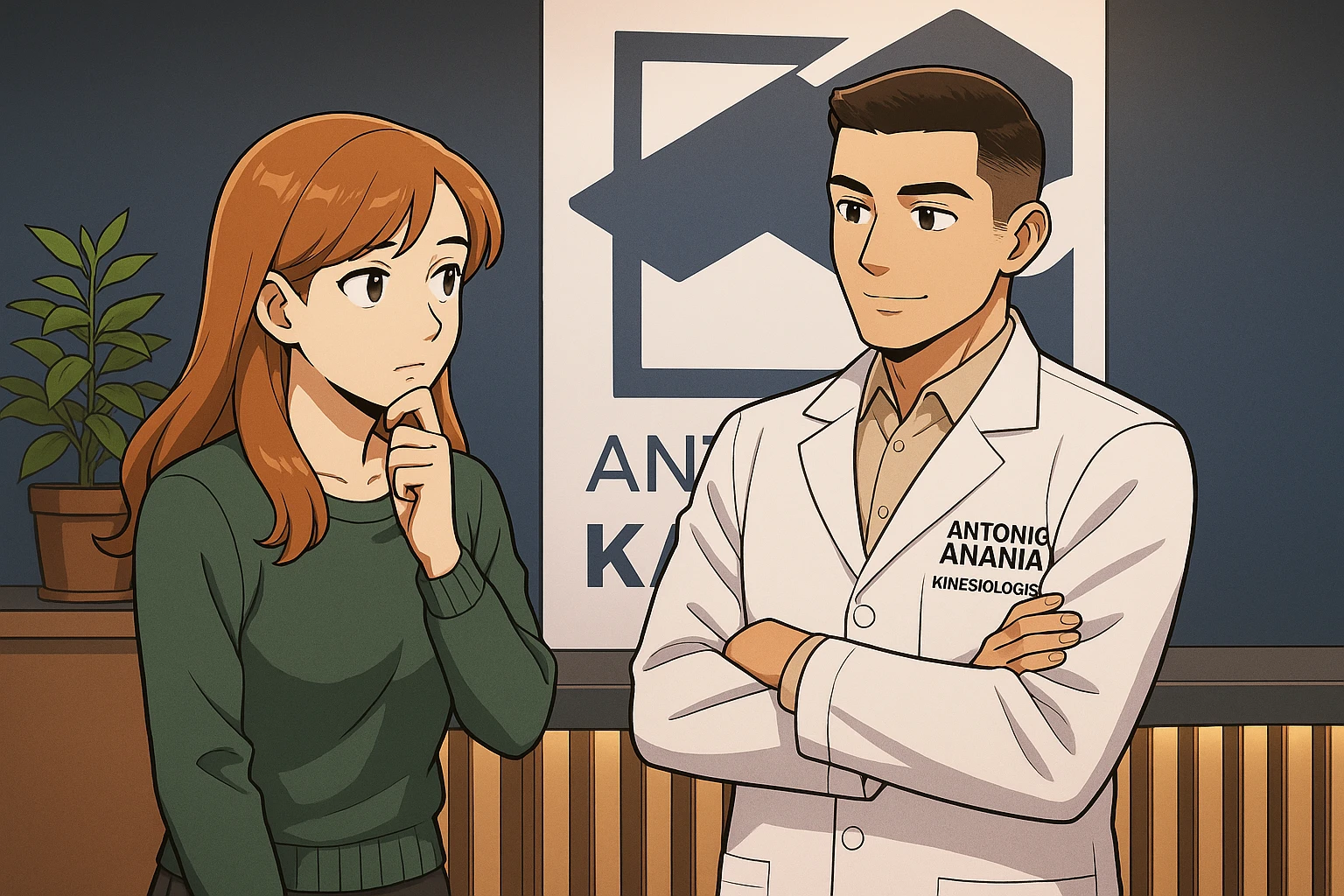 su questo stile fai un manga/webtoon a colori in cui una donna SI TOCCA IL MENTO CON L'INDICE MENTRE ASCOLTA PENSIEROSA L'UOMO, l'uomo della foto in stile manga LE SPIEGA CHE DEVE PROVARE LA SUA VALUTAZIONE MEDICA, mantieni un ambiente simile alla foto che ho allegato con il suo logo (sarebbe il suo studio, lui è un kinesiologo), scrivigli "ANTONIO ANANIA" sul camice bianco, non mettere fumetti, ma fai in modo che sembri che la donna ASCOLTI l'uomo emoji