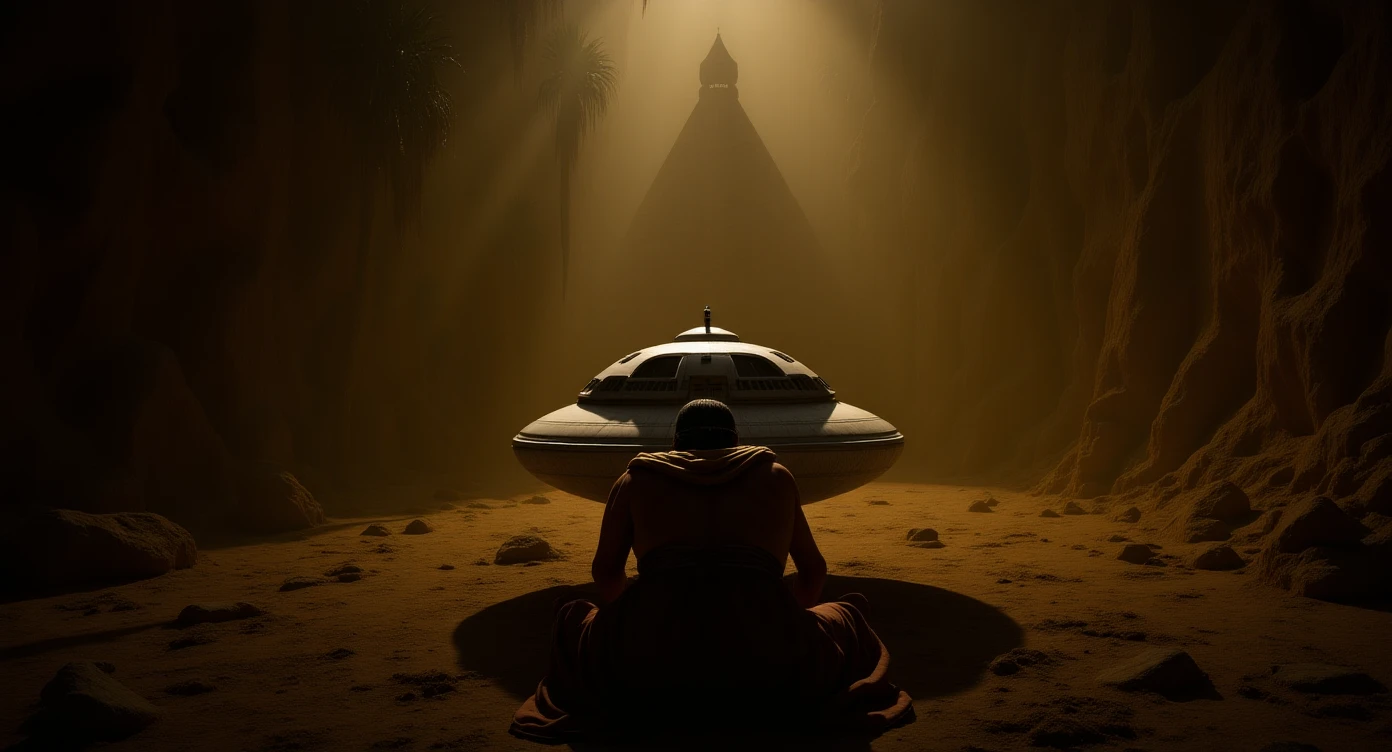 cinematic still, documentary photography, acient egypt, back shot of a man dress in ancient clothes in cave on ground laying front of small ufo starship, palms, dynamic scane, leading lines, captured by arri alexa, depth layers, piramids in babckground emoji