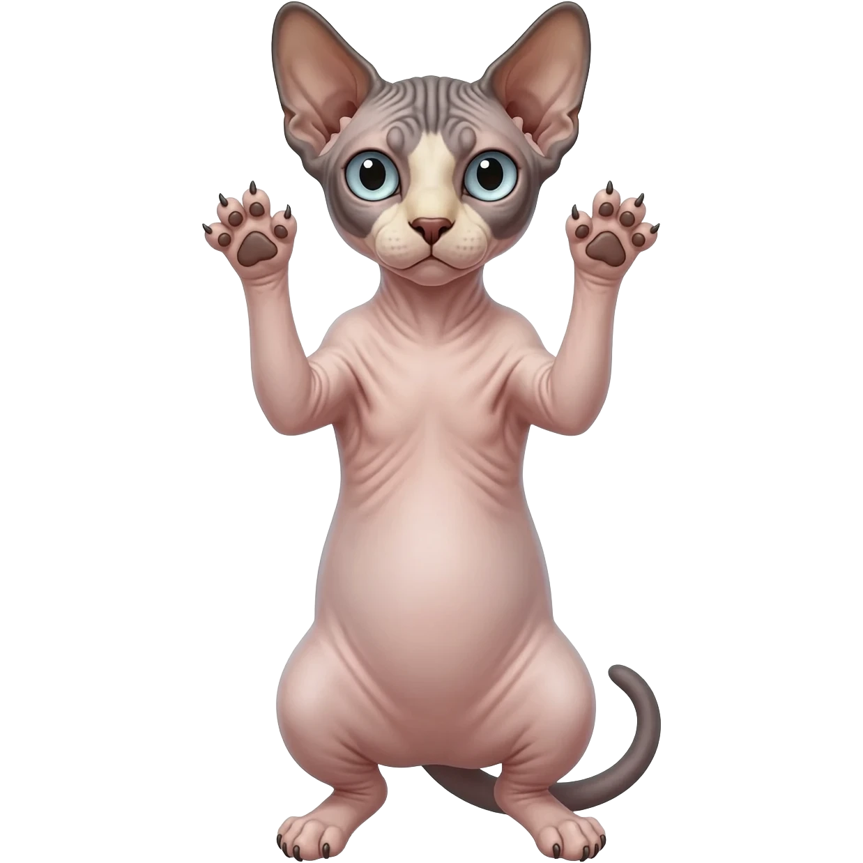 A Sphynx cat raises its front paws with claws up emoji