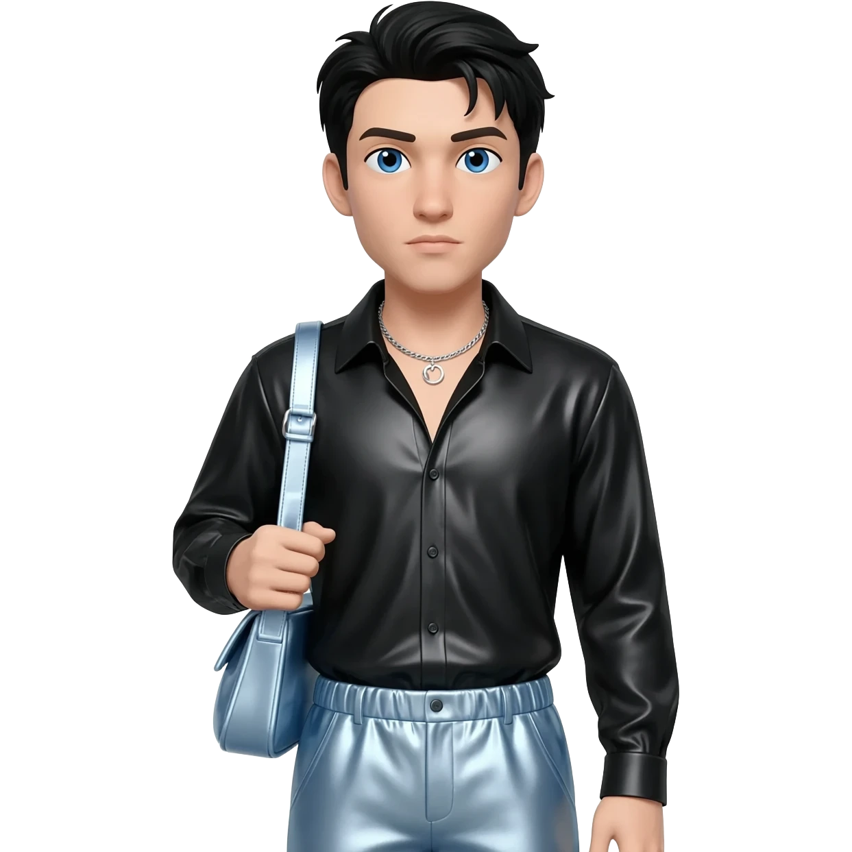 Ehren McGhehey with blue eyes, black hair, black metallic shirt, light steel blue metallic baggy pants, silver necklace emoji