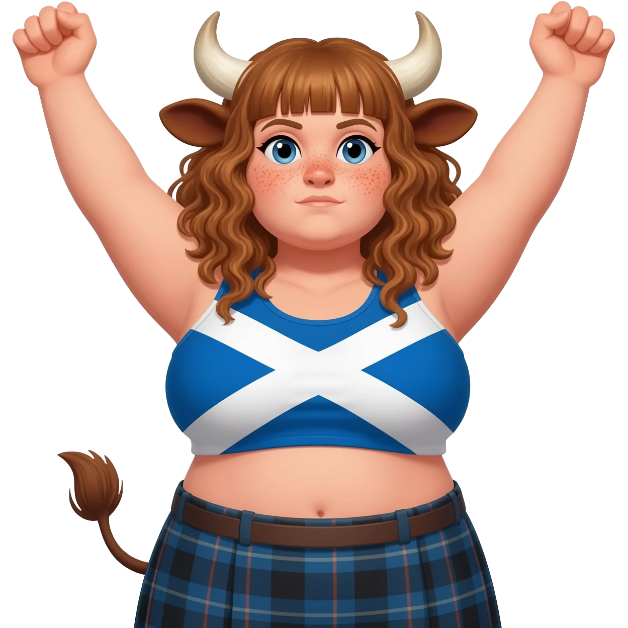big buff curly woman with blue eyes with frecles with light brown messy hair with straight bangs with brown cow tail with fat thights with cow horns and cow brown ears with extra large breasts dressed in crop top with scottish flag stretches her arms up emoji