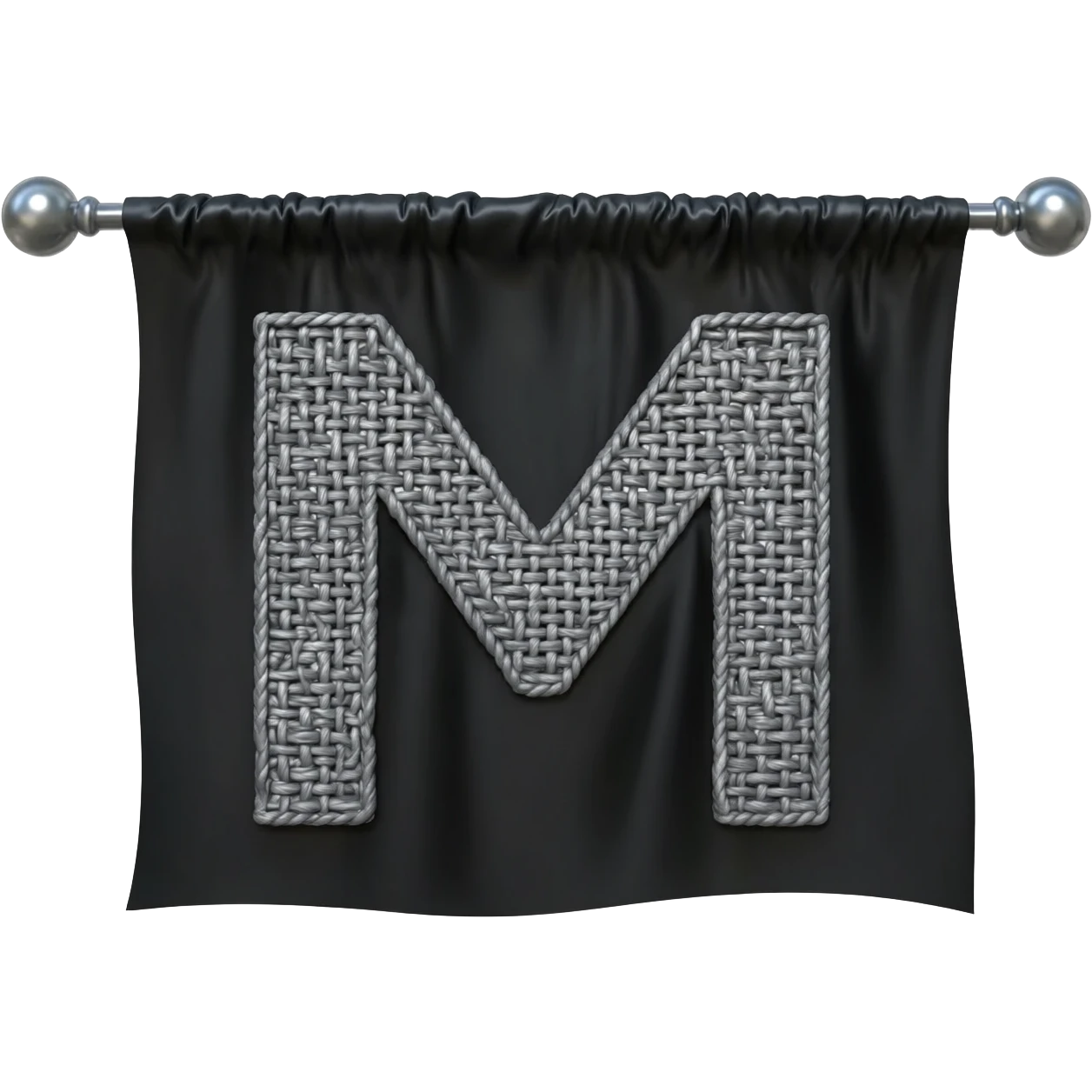 ...Minimalist 3D isometric render based on image_1.png: a large, sharp, geometric letter 'M' woven with matte steel-grey thread central on the draped black silk flag. Polished steel pole, pure white background for sticker quality --no background emoji
