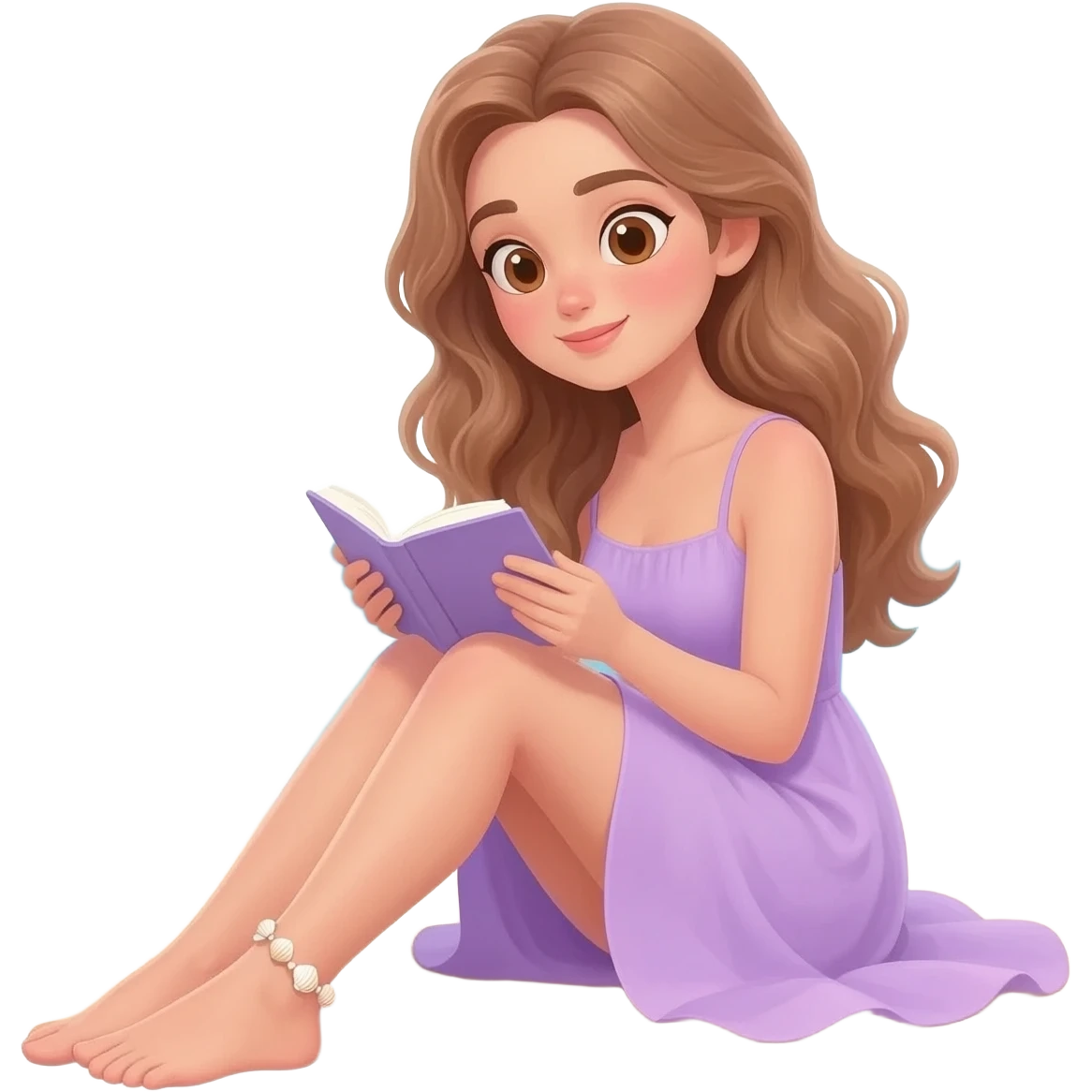 detailed emoji scene of a woman with long light brown wavy hair and light brown eyes reading a book on the beach, wearing a pastel purple dress, seashell anklet on her ankle, peaceful ocean background, relaxed summer atmosphere, emoji style illustration emoji