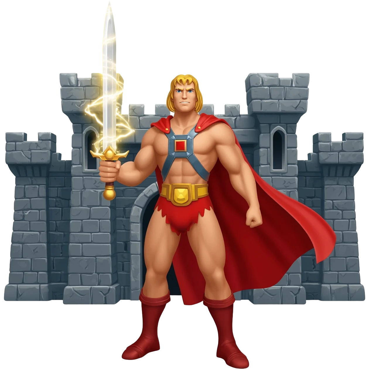 He-man in red cape holding up sword towards sky in front of grayskull castle with power color shooting from sword emoji