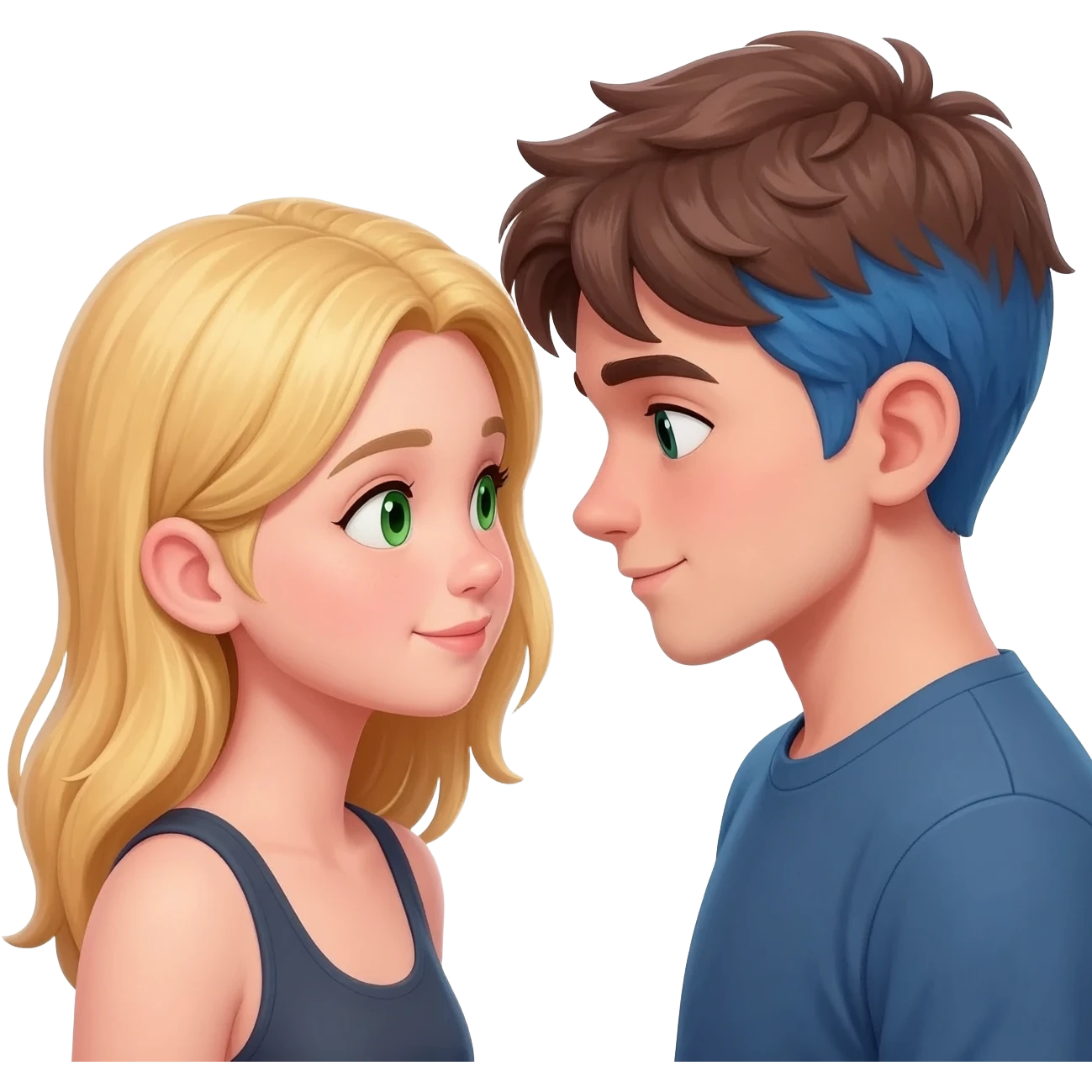 A girl with blonde hair And green eyes in love with a boy with brown hair and blue hair emoji