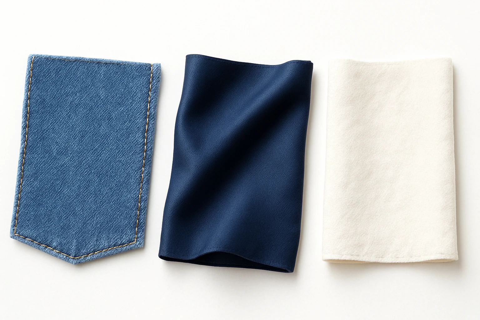 Сгенерируй мне аккуратный, но не квадратный, кусок джинсовой ткани, на чисто белом фоне. И чтобы было три разных ткани, допусти одна джинсовая, вторая шелк, третия хлопок. 

 emoji