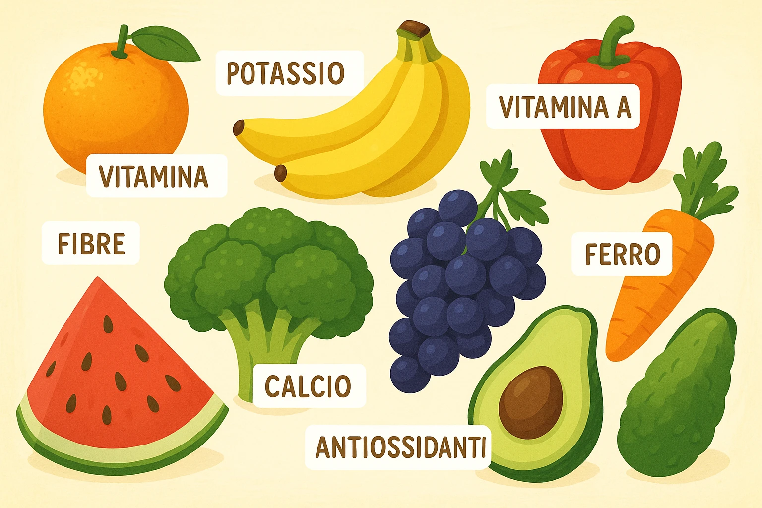focus su frutta e verdura a tutto schermo e i micronutrienti in italiano contenuti in essa emoji