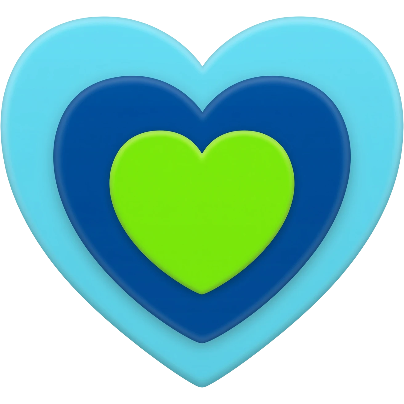 A light blue heart inside of a light blue heart, a blue heart inside of the blue heart a green heart emoji