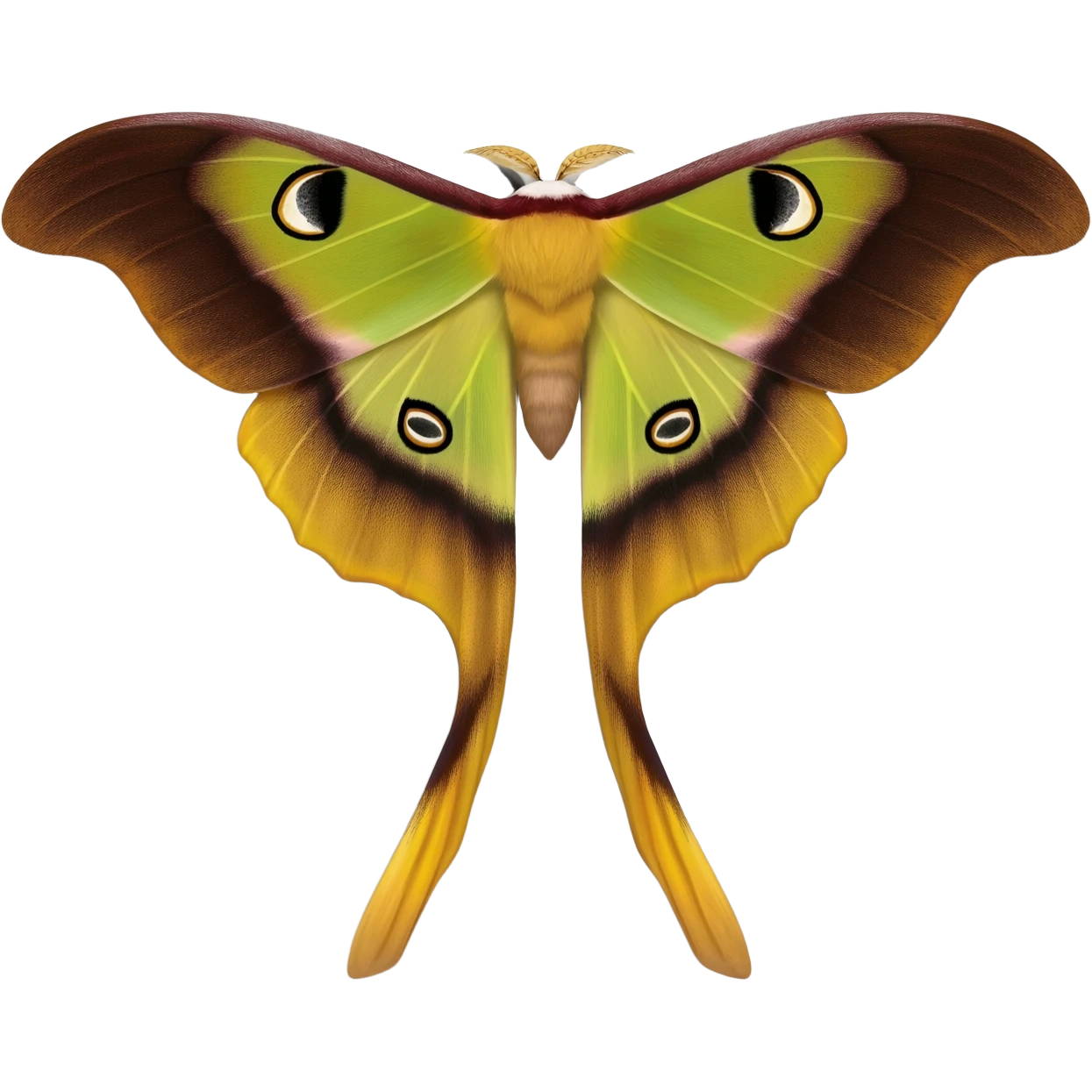 chinese moon moth from above, with accurately detailed wings and colouring, long tendril like lower wings, and little black eyes on top of head emoji