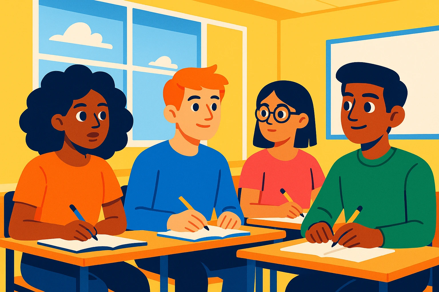 four diverse students sitting attentively following a course, studious atmosphere, modern illustration style, bright classroom background with windows emoji