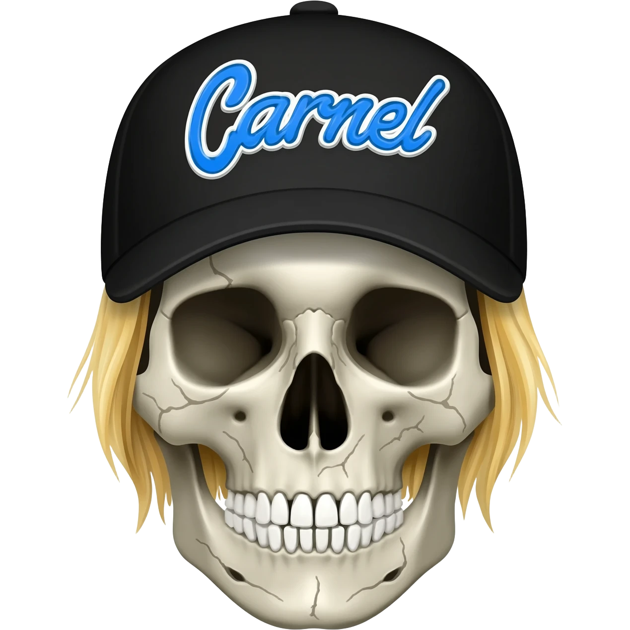 Create a skeleton head wearing a black baseball cap that says " Carnel " in blue, and white lettering, with blonde hair emoji