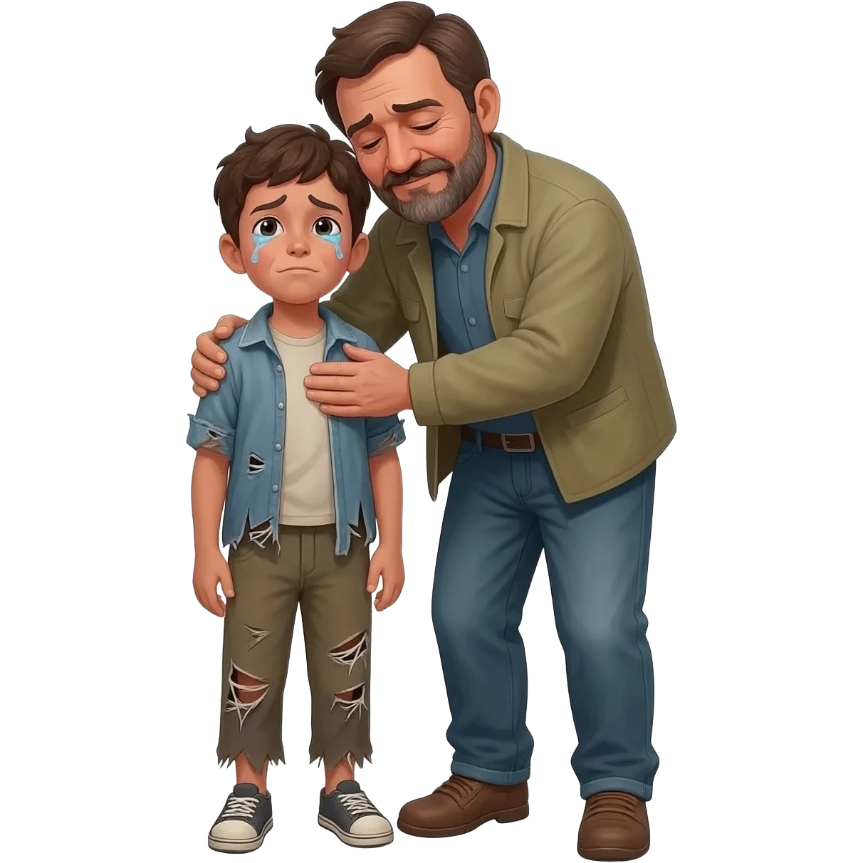 нарисуй как отец со слезами  обнимет с любовью и слезами  сына в рвной одежде  возростом 20-24  года во весь рост  ,  времена древнего иерусалима emoji