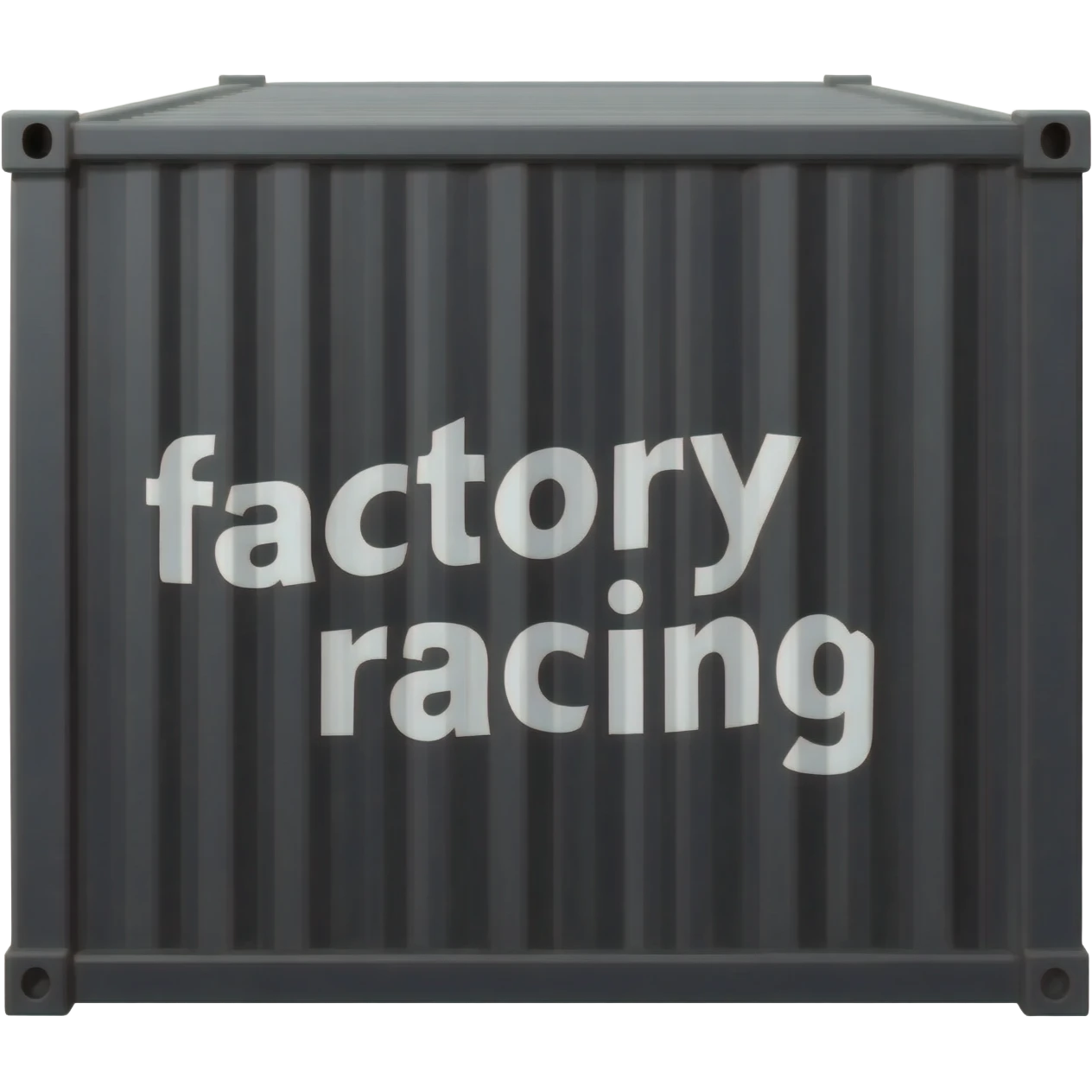 black shipping container with white text that says factory racing, side profile emoji