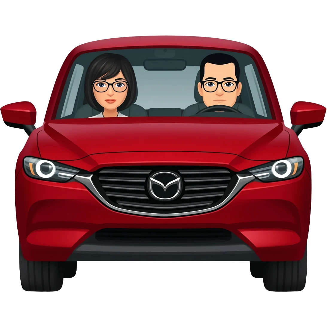 Camioneta roja mazda, con una mujer en el volante de pelo negro y lentes, y un copiloto hombre de pelo corto negro y lentes emoji