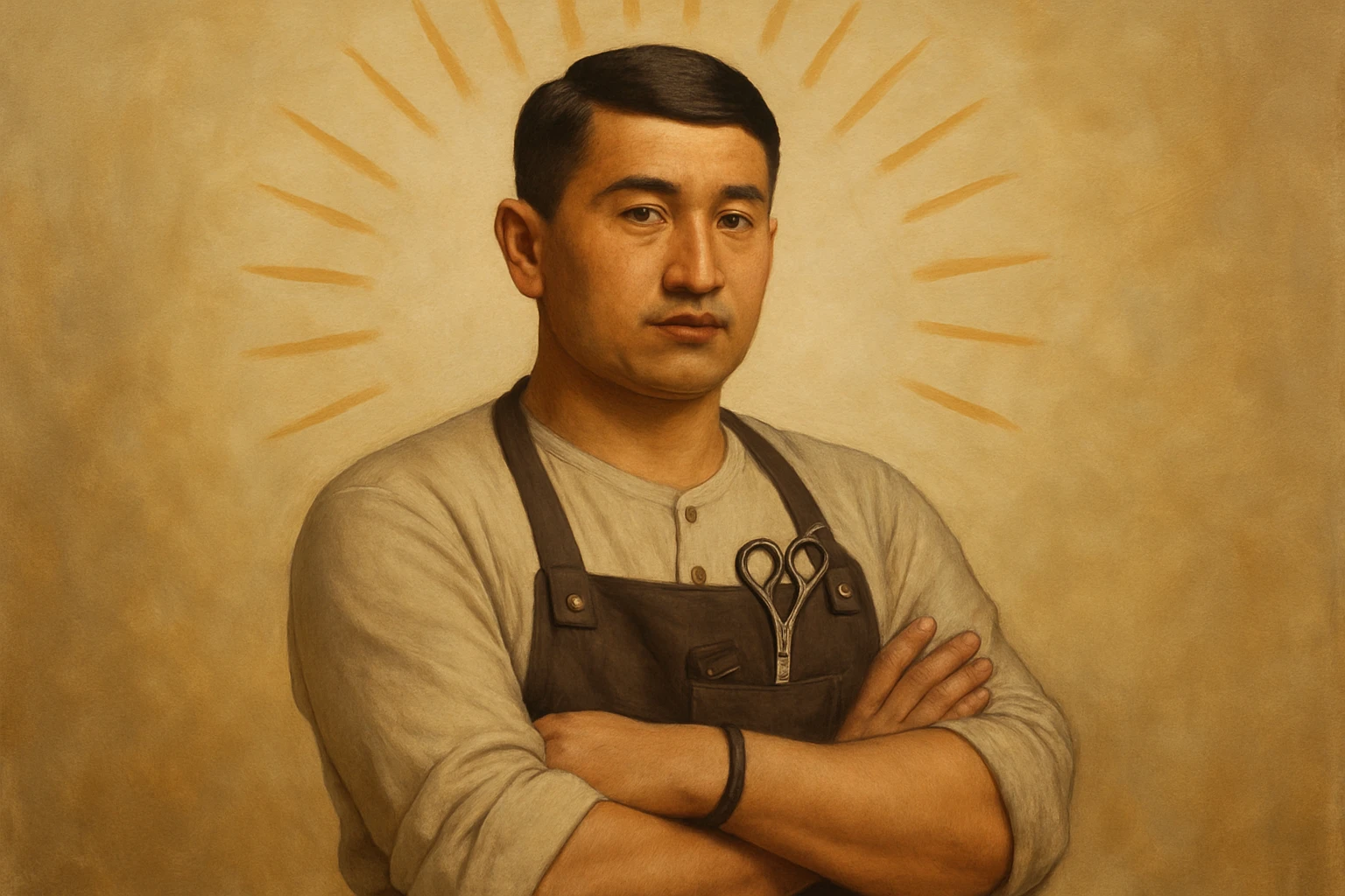 shu pozada turgan sartaroshni tuzib ber uzbek bo'lsin realistik janrda soch turmagi oddiy soqol shart emas emoji