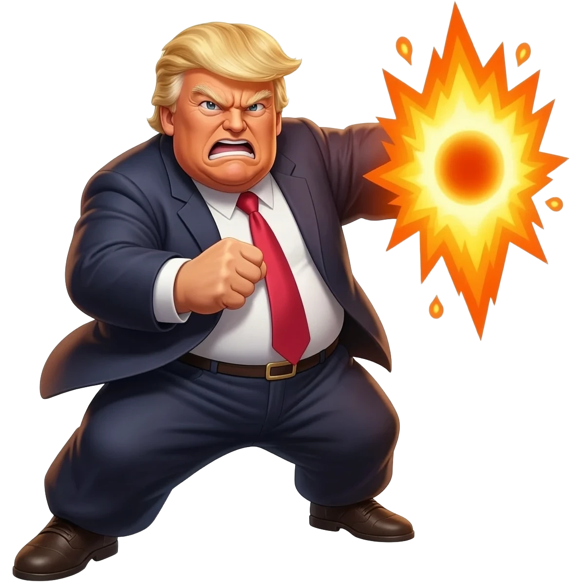 an angry very old and very fat President Donald Trump in a realistic style, even more realistic and not cartoonist at all, make it un flatering, real life photo, powering up for a dragon ball attack, full body, photo realism, very angry in a photo realistic style, Trump Super Hero photo emoji