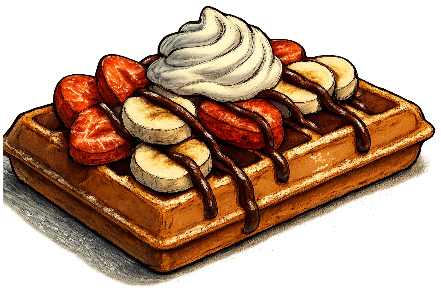 В слегка рисованном, но при этом ярком и объемном стиле с четкими линиями составь фотореалистичную композицию, где горизонтально лежит классическая брюссельская вафля с нарезанной клубникой и бананом, сливочными кремом, политая шоколадом и посыпанная сахарной пудрой, профессиональный свет, подчеркивающий объем, сделай картинку более широкой, прозрачный фон emoji