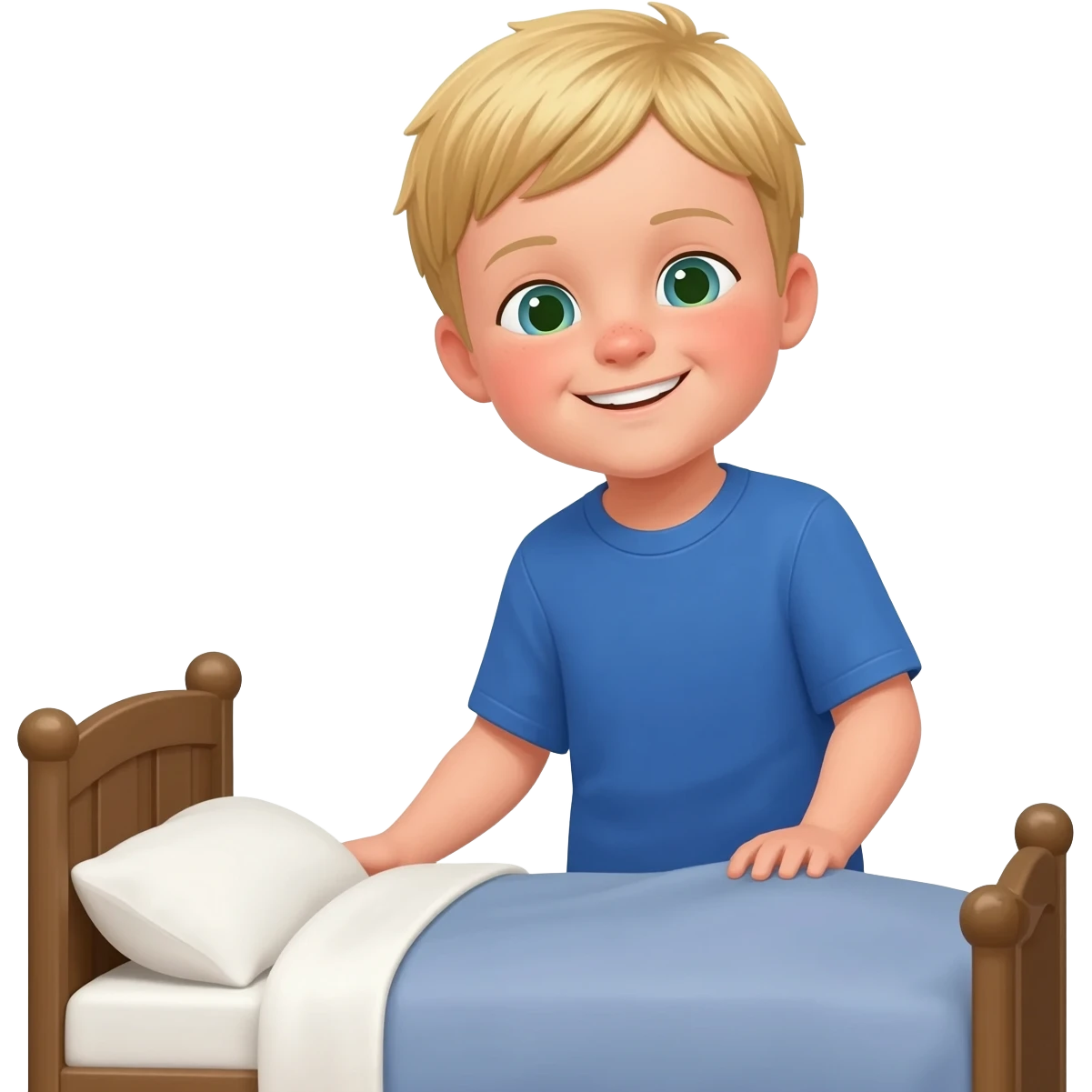 Use the same 3 year old blonde boy with green-blueish eyes as before  happy with blue tshirt making his bed with neat pillows emoji