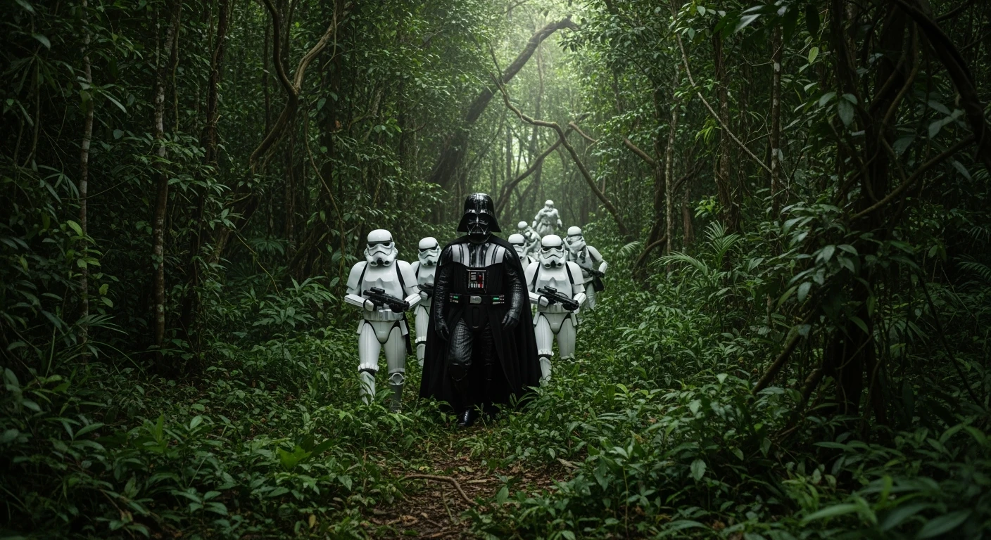 cinematic still, amazon jungle, well lit scene, Darth Vader around stormtroopers is exploring the jungle, captured by arri alexa emoji