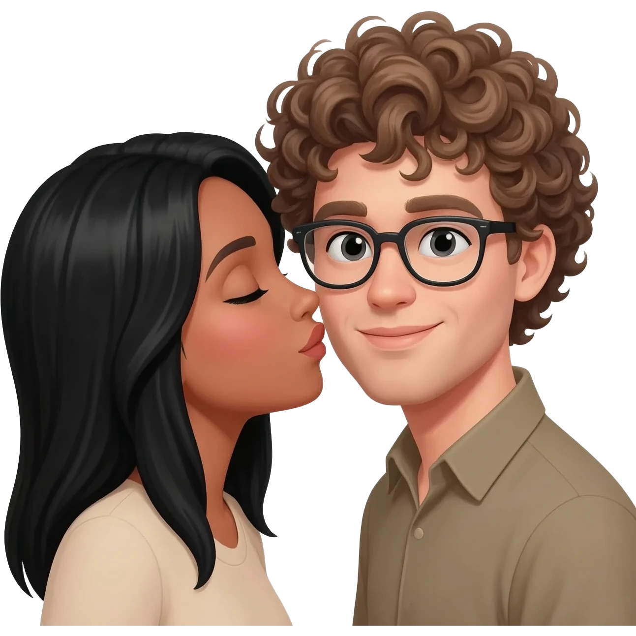 Light tan woman with black hair and man with curly dark blonde hair with glasses kissing emoji