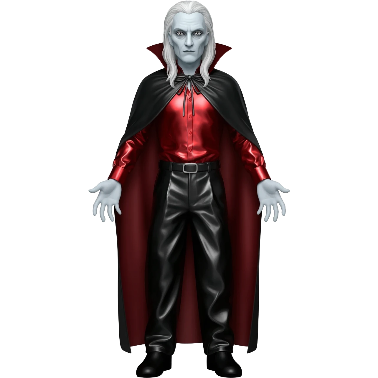 Count Dracula from Universal Monsters with long white hair, red metallic shirt, black metallic baggy pants, black metallic long cape emoji