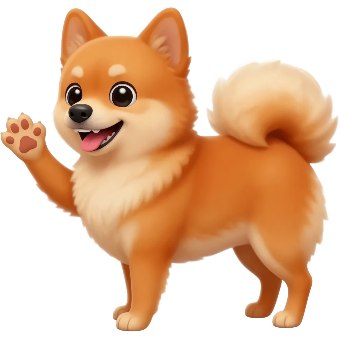 A small, very cute red Spitz smiles and waves its paw in greeting. emoji
