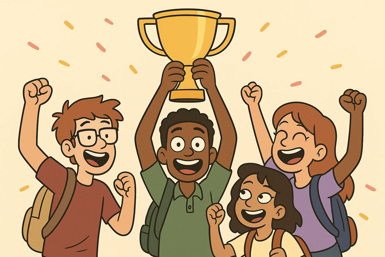 quatre jeunes étudiants, diversité visible, brandissent un trophée, dessin animé, ambiance festive emoji
