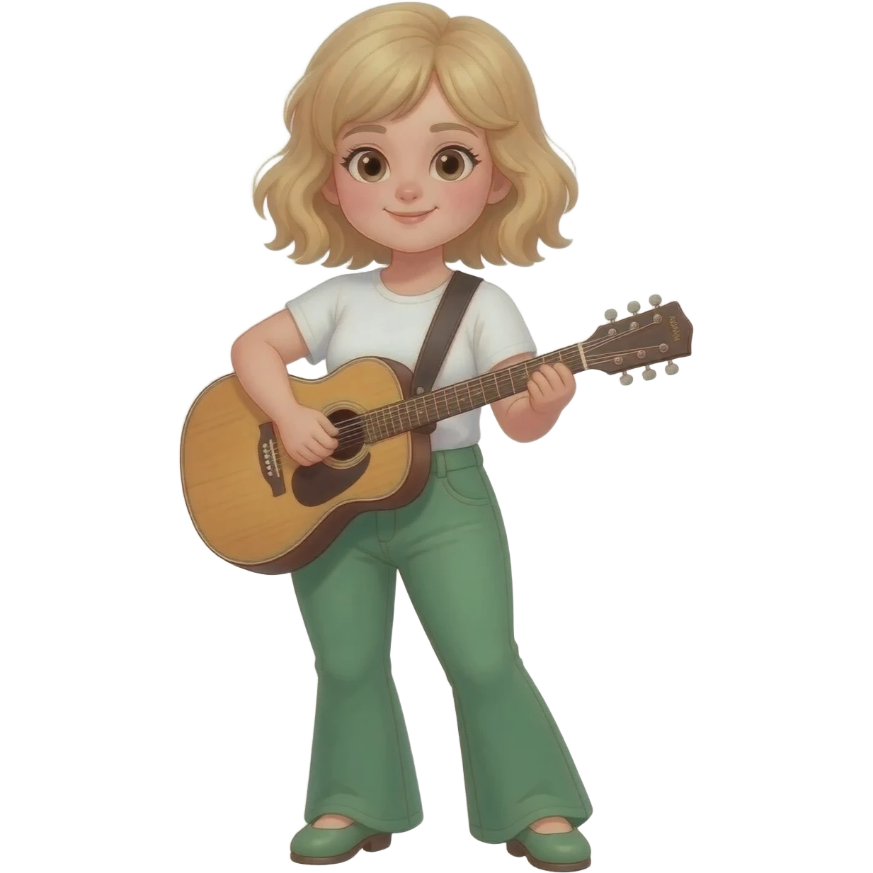 Young white girl with short chin length wavy blonde hair.  She is short and chubby.  She is wearing flared green pants, flat shoes and a white T-shirt. She is playing a guitar. emoji