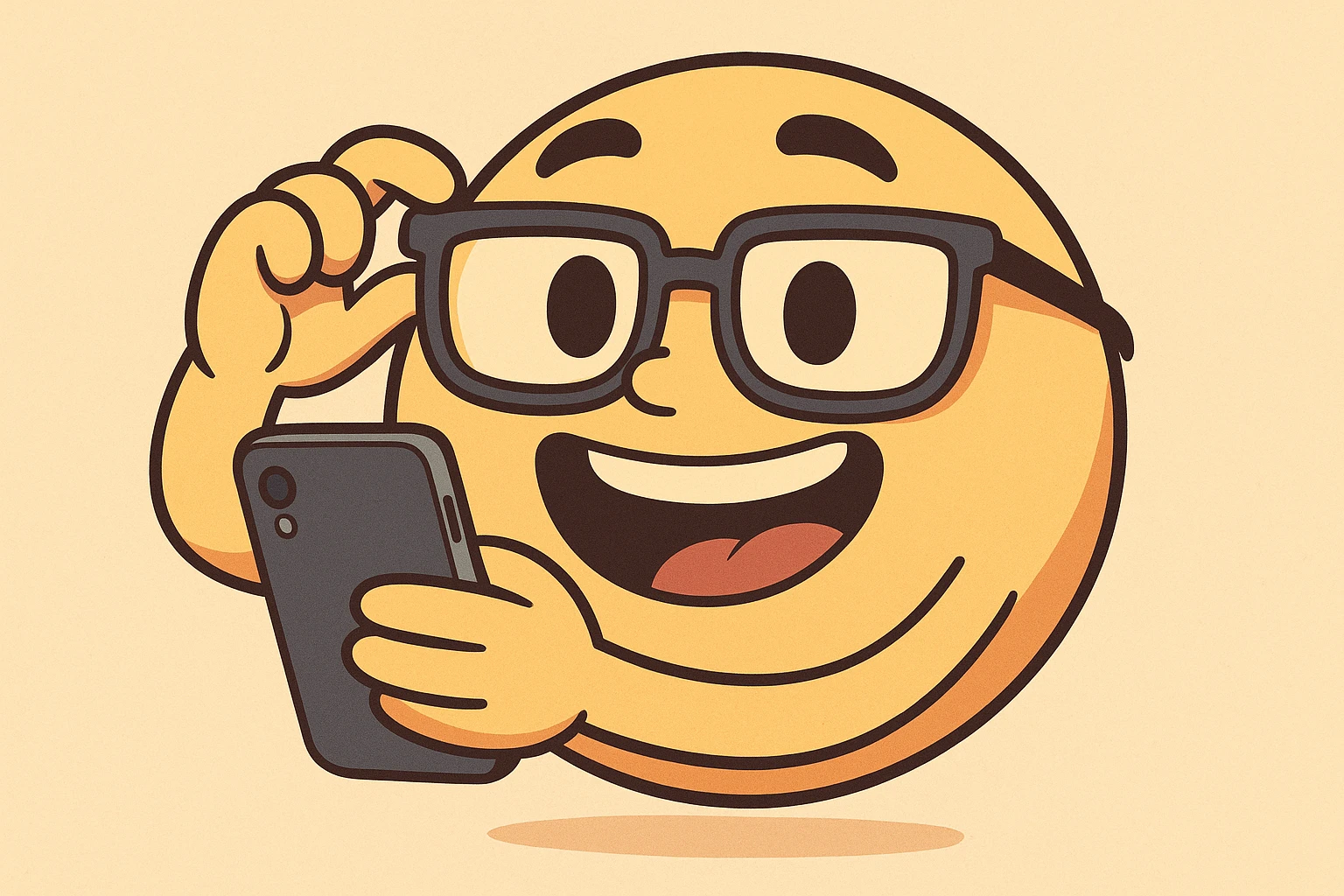fun cartoon style emoji holding a phone and wearing glasses, colorful and playful emoji