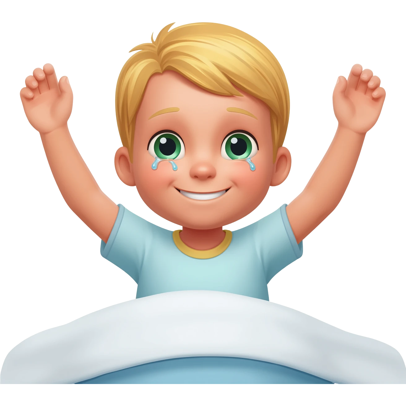 3 year old blonde boy with green-blueish eyes waking up from bed, raising both arms up. No tears. No scared face, he looks sad! Make the boy smile. DO NOT ADD TEARS emoji