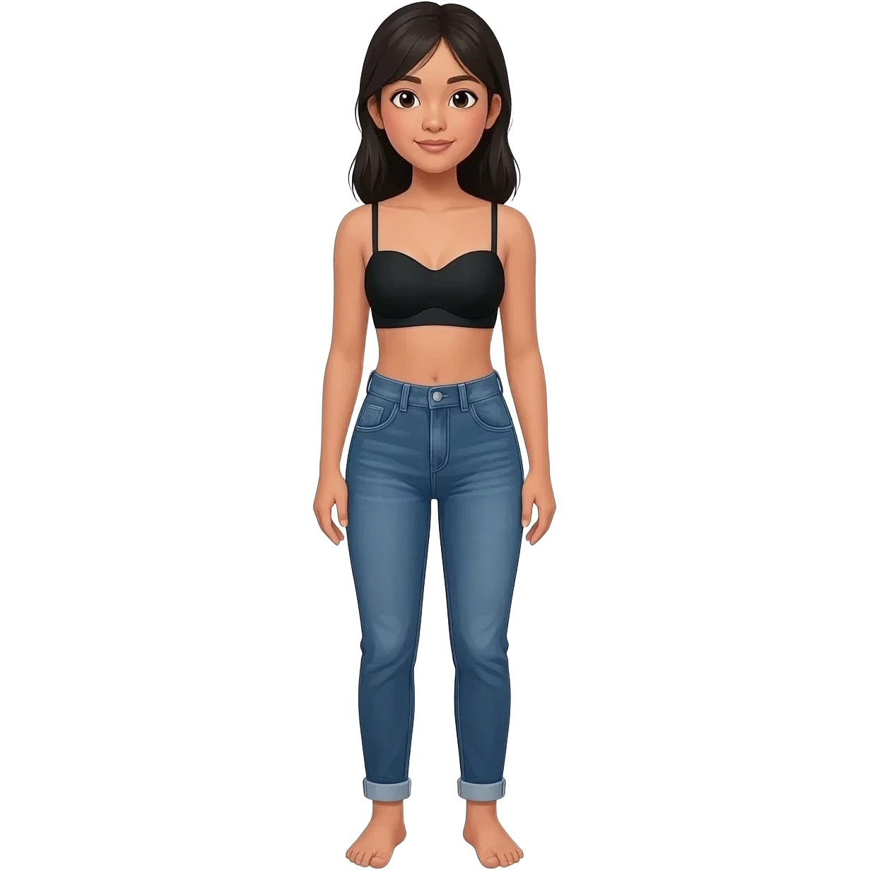 Filipino girl black bra strapless top and high waisted denim jeans  with feet stand straight body emoji