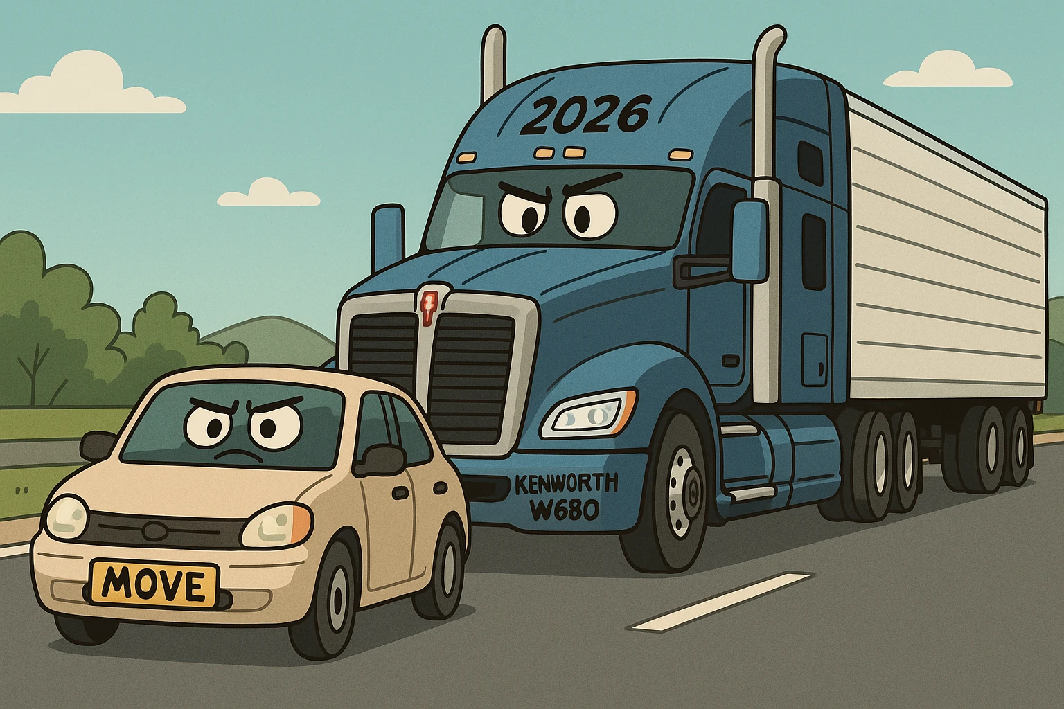 2026 Kenworth W680 semi sleeper truck driving down the road with a car in front displaying the word 'move' on it, cartoon style, clear road setting, fun and expressive emoji