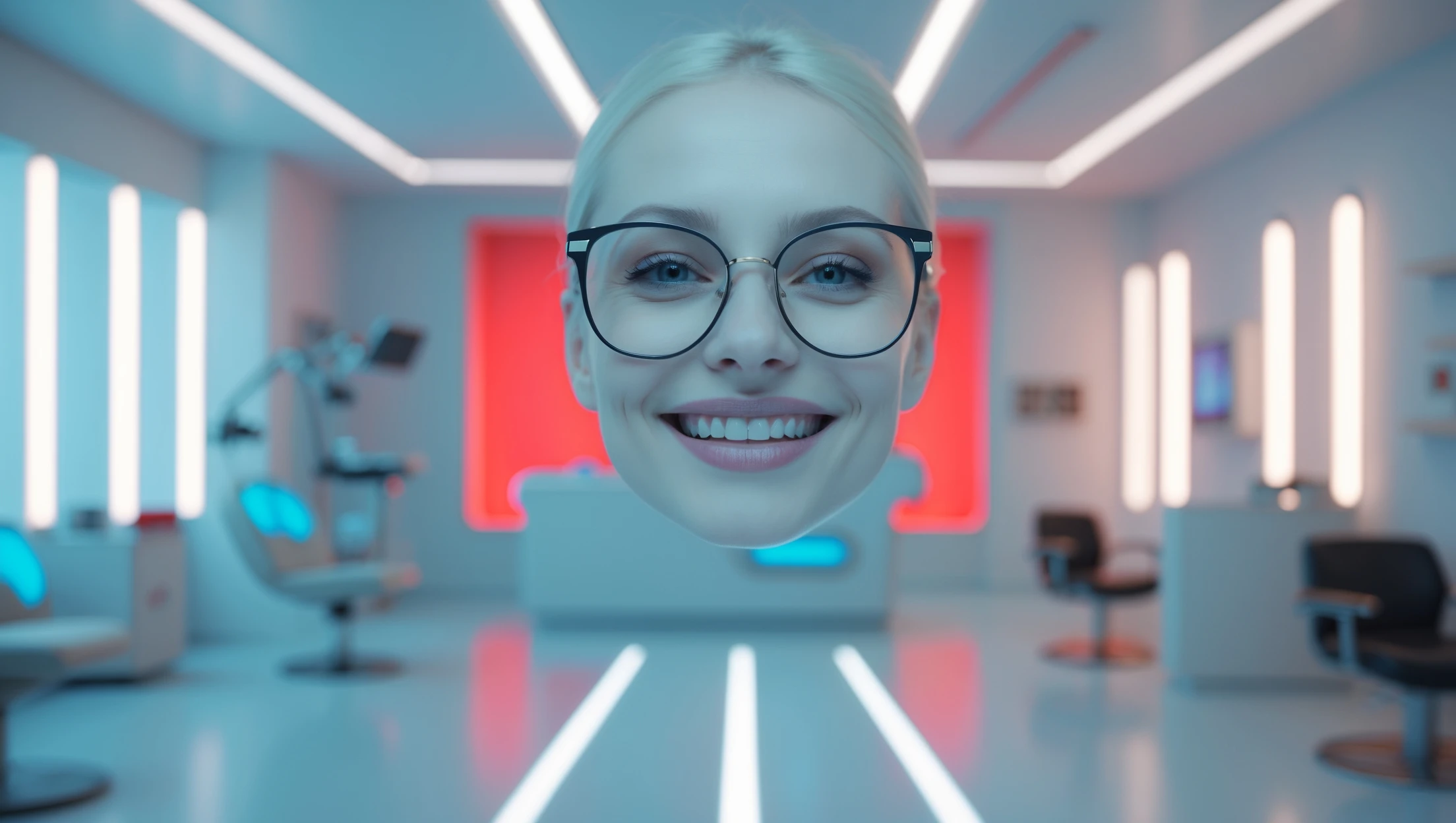 Cinematic still, Proffesional advertising of a smiling european white woman with glasses smiling, minimalistic ophthalmologist interior in background, leading  lines, "rule of thirds", 60/30/10 colors, soft light, blue and red emoji