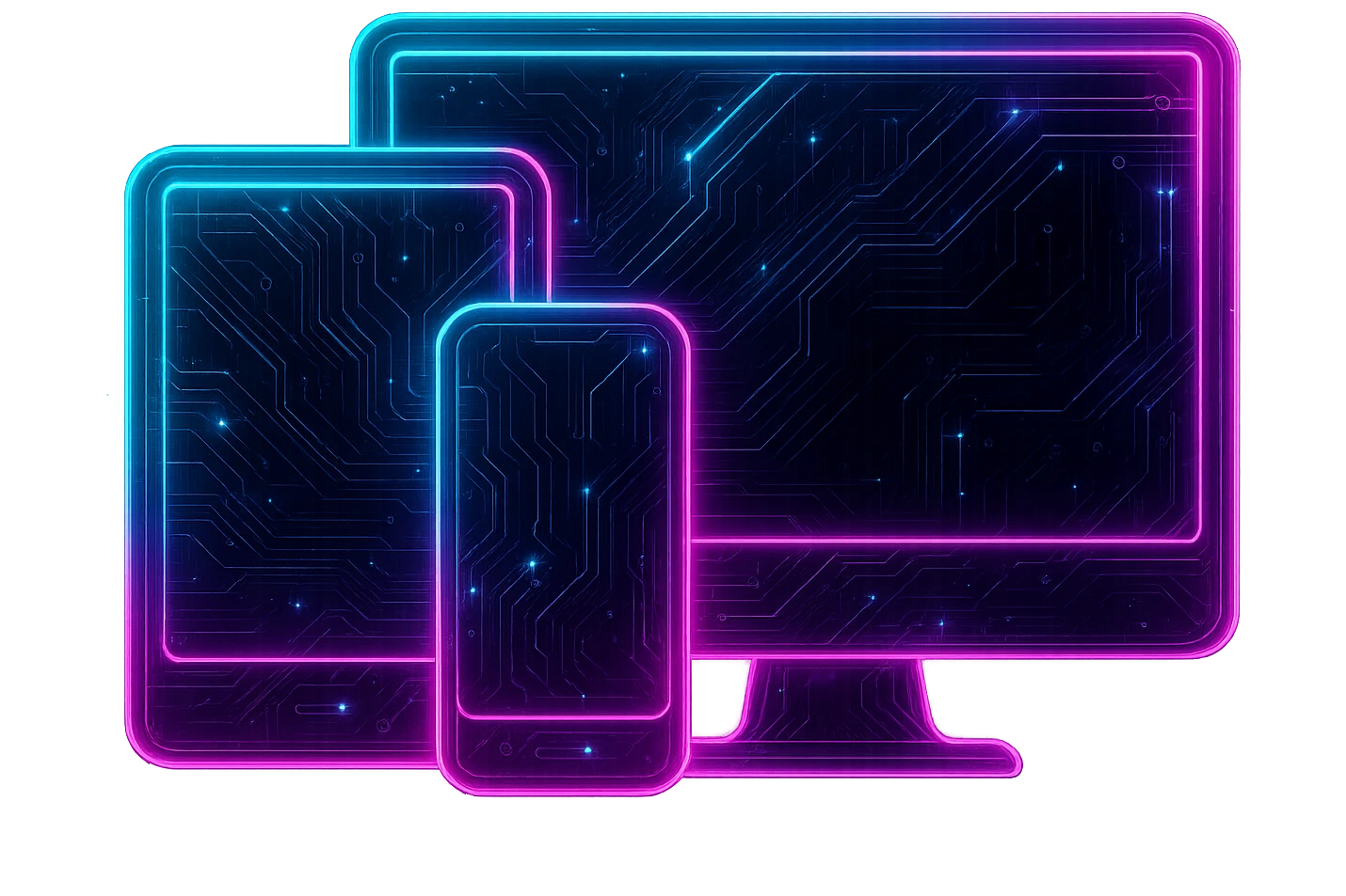 Transform the devices icon (monitor, tablet, and phone) into a cyberpunk, holographic style with glowing neon blue and pink edges, circuit patterns throughout all devices, and a transparent background. Maintain the recognizable shapes of the monitor, tablet, and phone, overlaying neon and circuit effects in the same futuristic, clean style as previous cyberpunk icons. The whole icon should have a consistent cyberpunk glow and intricate circuit details. emoji