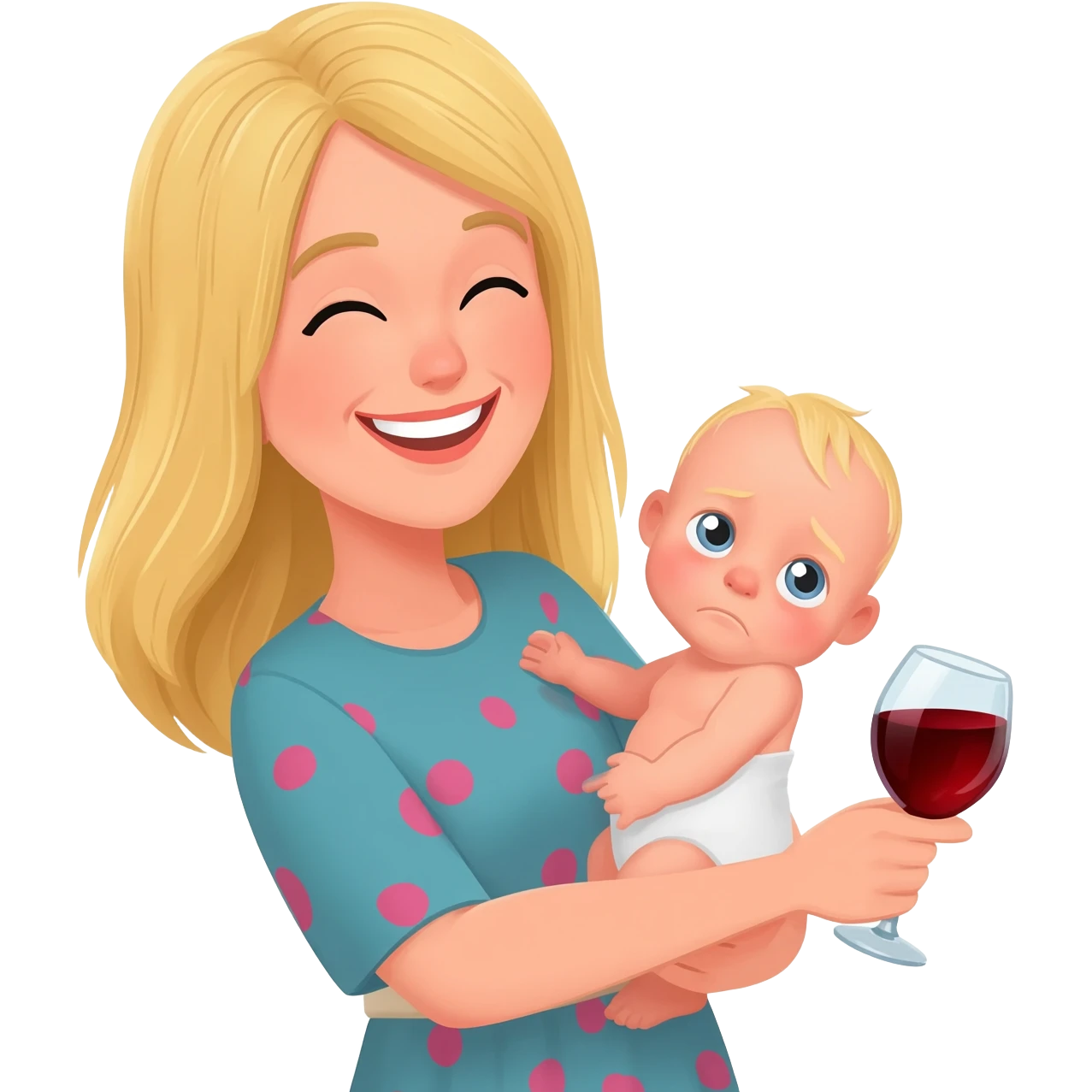 Happy girl, blond girl, mum to a baby, party vibe with a glass of red wine and tired emoji