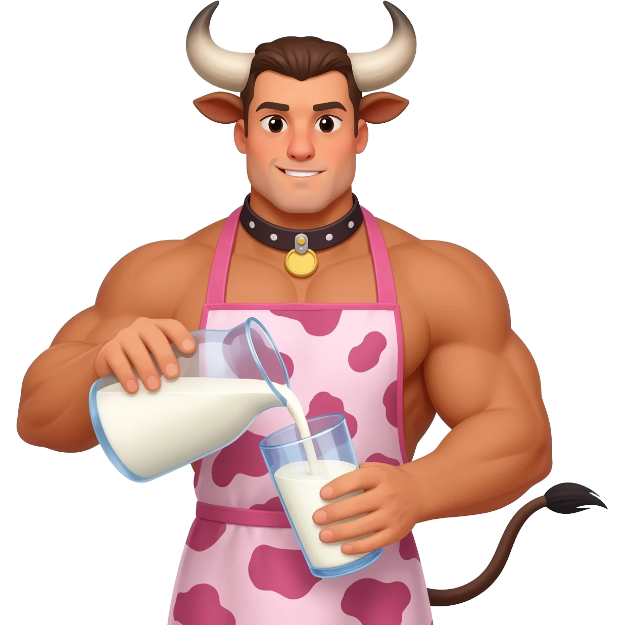 extra large muscular handsome man in the collar with bull horns and and bull ears bull tail dressed in cute apron with pink cow print pouring milk from a glass emoji