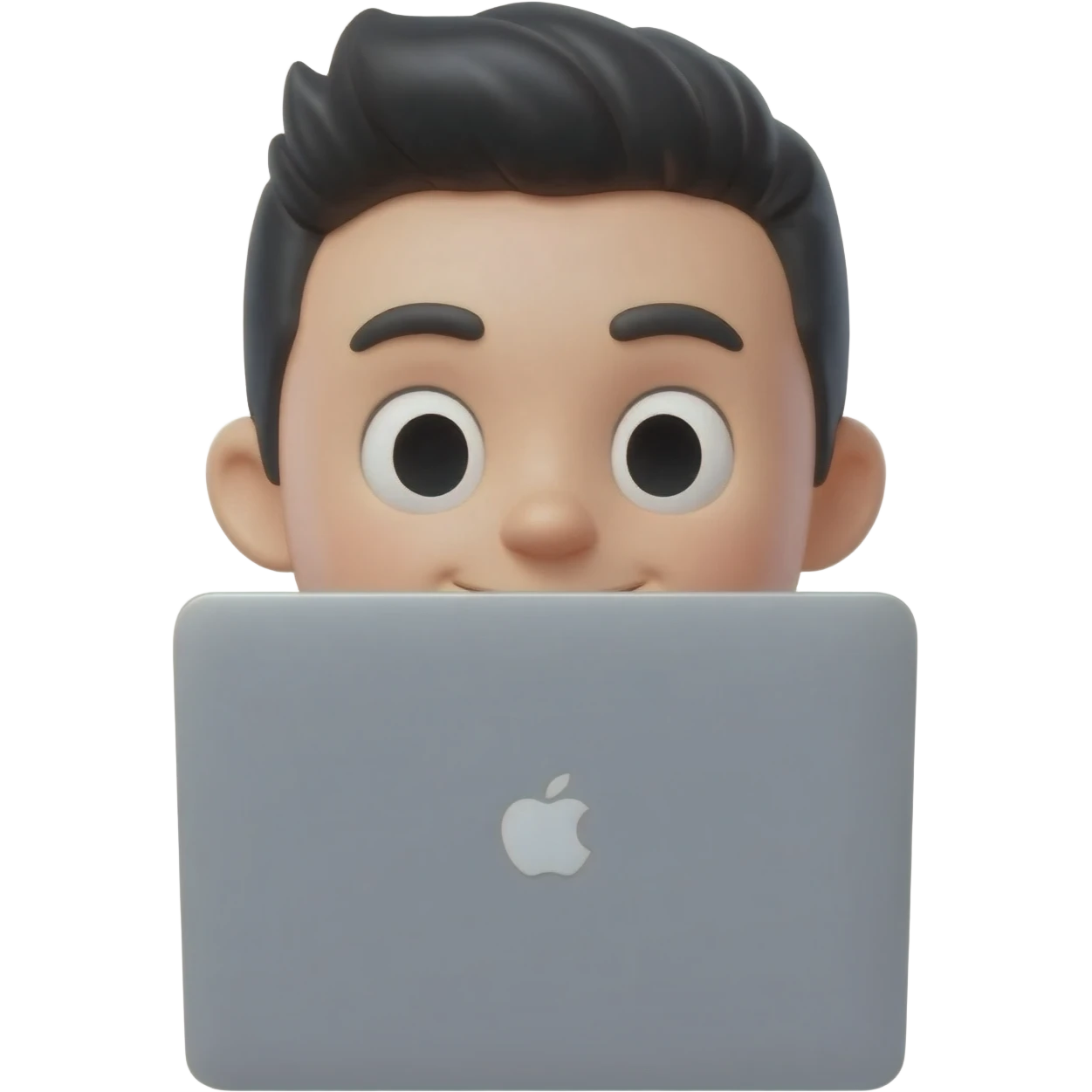 A 3D cartoon memoji-style character of a young man peeking over a silver MacBook laptop. The character has short blak hair styled up, large expressive eyes, and a friendly face. emoji