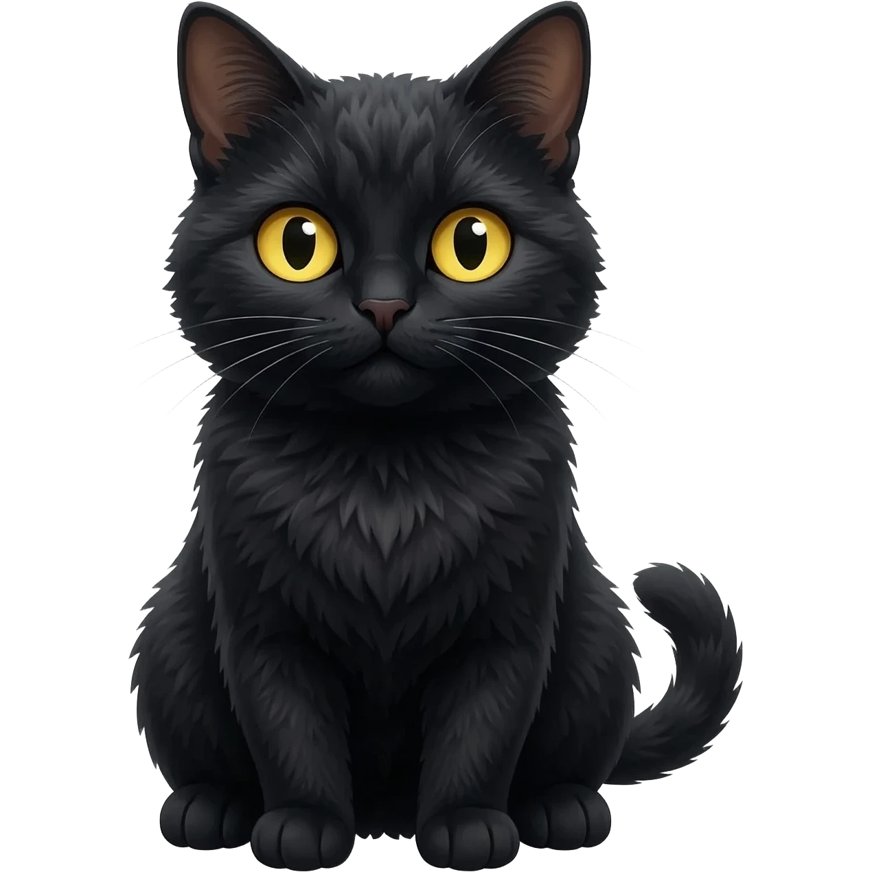 detailed emoji illustration of a cute black cat with bright yellow eyes sitting and looking forward, adorable expression, soft lighting, cute emoji style emoji