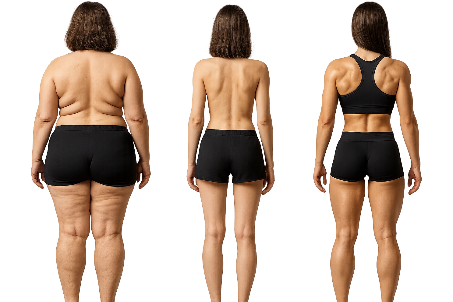 fai una donna di spalle in gym shorts leggermente sovrappeso e con cellulite e accanto una seconda donna di spalle magra (che è dimagrita post dieta) e accanto una terza donna in forma allenata e con le giuste proporzioni, l'immagine deve rappresentare il processo: da donna grassa, a donna piatta e magra, a donna allenata e in forma con i giusti muscoli, iperrealistico 4k emoji