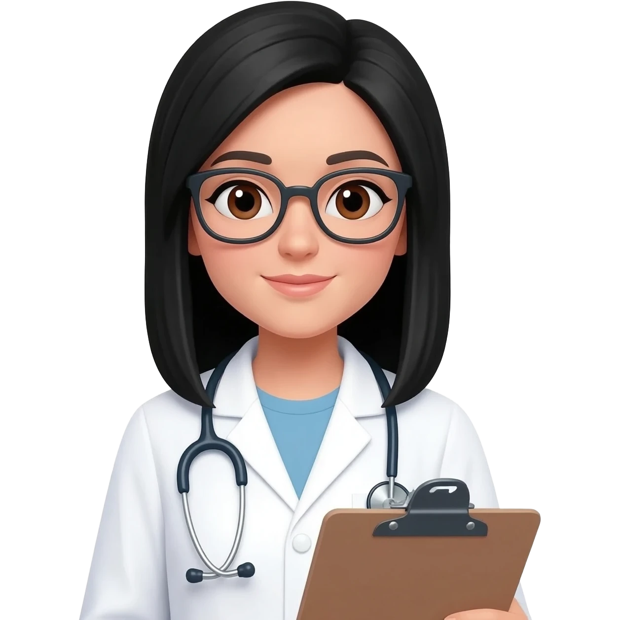 una mujer pelo liso negro medico  con lentes ojos cafe emoji