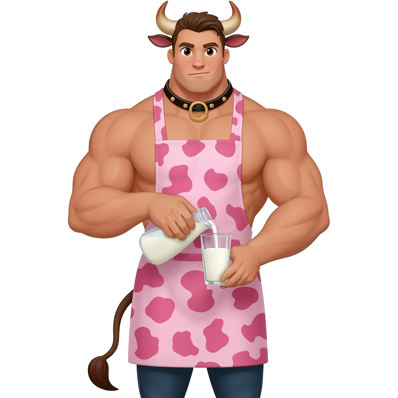 extra large muscular handsome man in the collar with bull horns and and bull ears bull tail dressed in cute apron with pink cow print pouring milk from a glass emoji